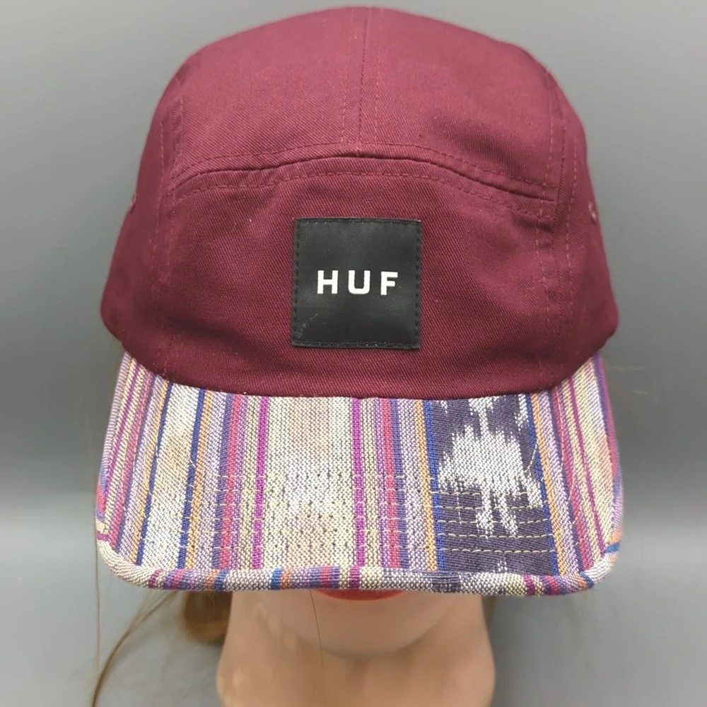 HUF 5 Panel Hat Cap Burgundy Tribal Stripe Bill Strapback Made in USA